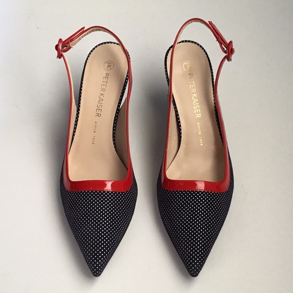 Peter Kaiser NWOT Size 9 Red Patent w/ Silver Dot Black Suede, Slingback Heels - Picture 1 of 6